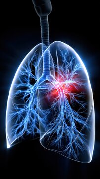 Detailed medical illustration of human lungs highlighting inflamed bronchial tubes with glowing red areas representing respiratory infection or inflammation