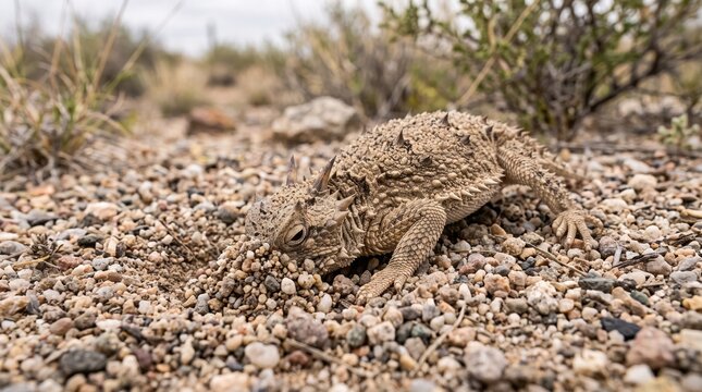Horned lizard walking on rocky ground in the desert wilderness