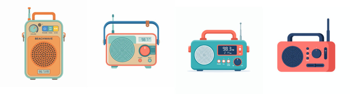 Collection of four colorful retro portable radio illustrations isolated on white