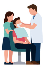 Fototapeta premium Flat vector illustration of a dentist placing a dental bib on a young patient seated in a dental chair, accompanied by a supportive parent. Modern hand-traced icon depicting pediatric dentistry and