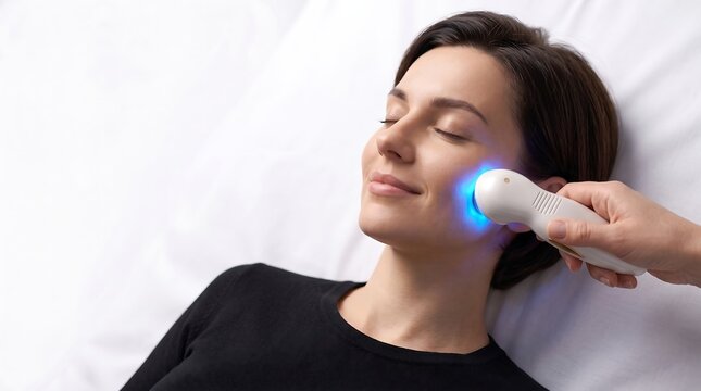 Woman receiving professional blue light facial skin treatment