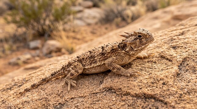 horned lizard resting on the dry desert sand outdoors in the warm sun