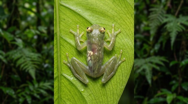 green glass frog sitting on a leaf in the tropical rainforest at night