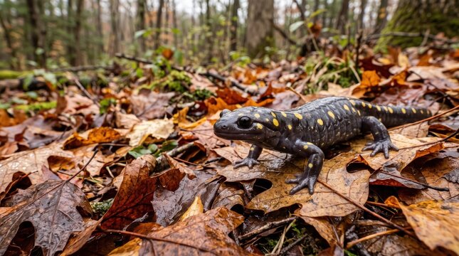 Spotted black salamander crawling on brown fallen autumn leaves in a forest