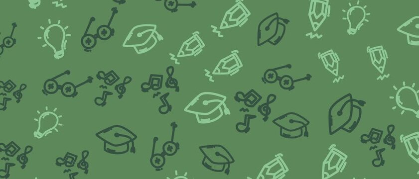 Seamless loop animation of educational icons like lightbulbs, pencils, graduation caps, and musical notes on a green background. Ideal for back to school, learning, or creative projects.