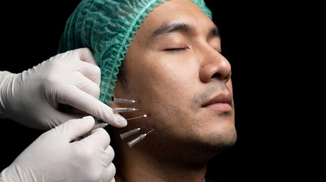 Man receiving cosmetic microinjection treatment on face