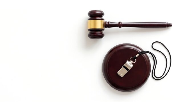 Wooden judge gavel and metal whistle on white background