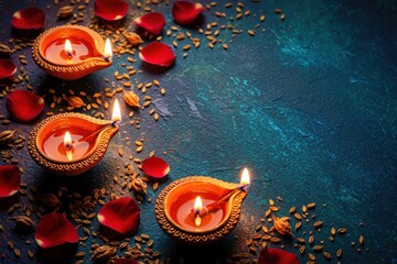 Naklejka premium Three small clay oil lamps with burning wicks sit on a blue textured surface. Scattered red rose petals and brown seeds surround them. Warm light glows softly against the contrasting dark background.