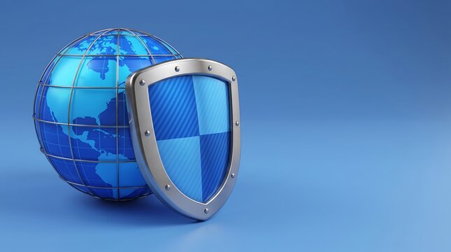 3D Globe Protected by Metallic Shield on Blue Background