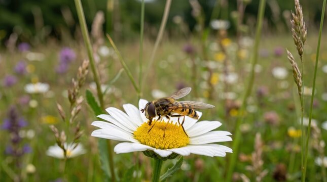 hoverfly sitting on a white daisy flower in a green summer meadow