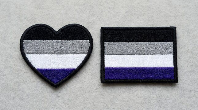 Heart shaped and rectangular emblems representing asexual pride with dark grey white and violet horizontal bands flag asexual pride heart rectangle square stripes black grey white purple symbol