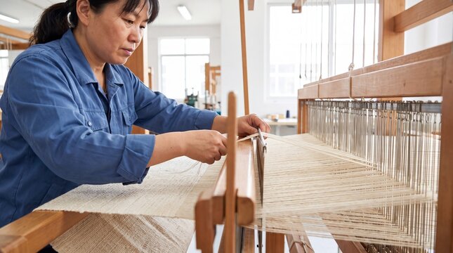 Asian woman weaver working on wooden loom in textile workshop. Traditional hand weaving craft and manual fabric production. Artisan manufacturing and heritage skill modern concept.