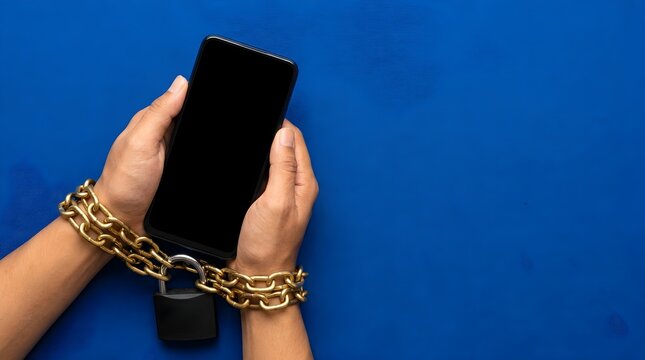 Close Up of Hands Chained to a Smartphone with a Padlock Representing Digital Addiction Concept
