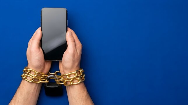 Hands Holding Smartphone Chained with Padlock Concept of Digital Addiction and Technology Security