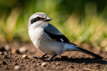 Naklejka premium Close up shot of Great grey shrike bird on ground. Small songbird with grey feathers, black mask sits on soil. Wild avian fauna rests near green grass in nature. Detailed view of predator bird beak,