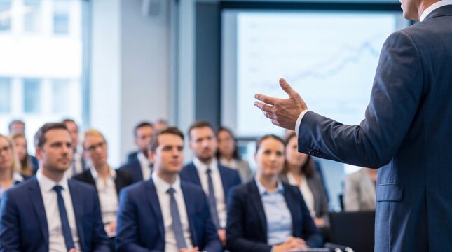 Businessman giving presentation to attentive audience in modern conference room. Leadership, communication, public speaking and corporate training concept with copy space.
