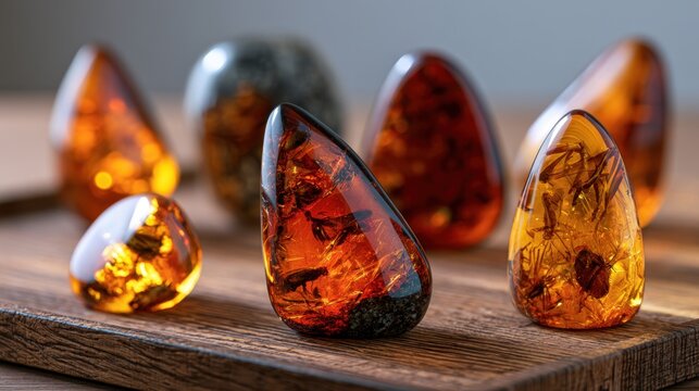 Polished amber gemstones with natural inclusions arranged on a wooden surface glowing with warm sunlight in a soft-focus setting