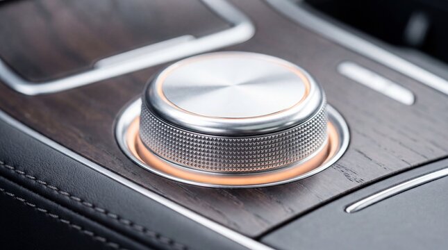 Close up of illuminated rotary control dial on luxury vehicle center console. Premium automotive interior technology for media, climate, and navigation adjustment.
