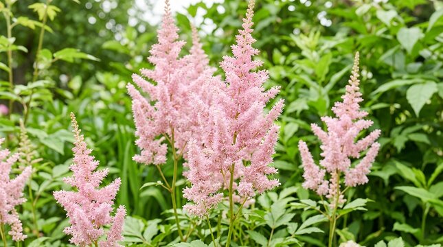 Elegant False goat beard flower plumes in full bloom delicate pink soft feathery botanical blossoms with fresh green garden foliage under bright ambient natural light astilbe flower botanical bloom