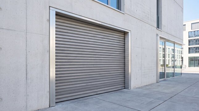 Closed metal rolling shutter door on modern concrete building. Secure commercial entrance and urban architecture concept with clean exterior design and copy space.
