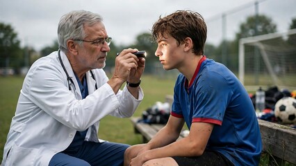 Fototapeta premium Senior Sports Doctor Examining Young Athlete with Flashlight on Field