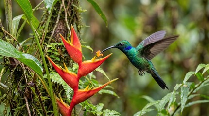 Naklejka premium green hummingbird flying and drinking nectar from a bright red tropical flower
