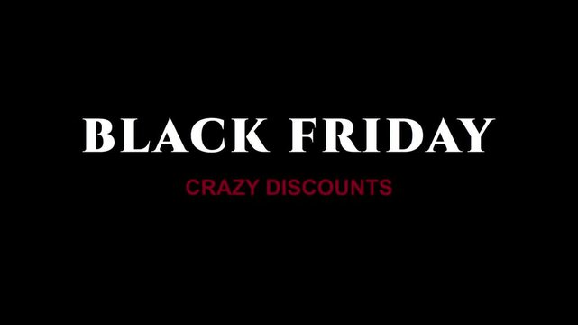 Animation 4k black friday crazy discounts animated text for retail sales and marketing promotions shopping