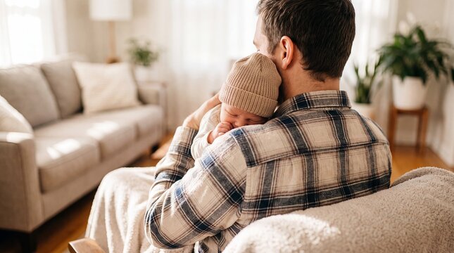 Father holding sleeping newborn baby at home. New parent bonding and family love during early infant care. Warm domestic lifestyle scene for parenting and birth concept.