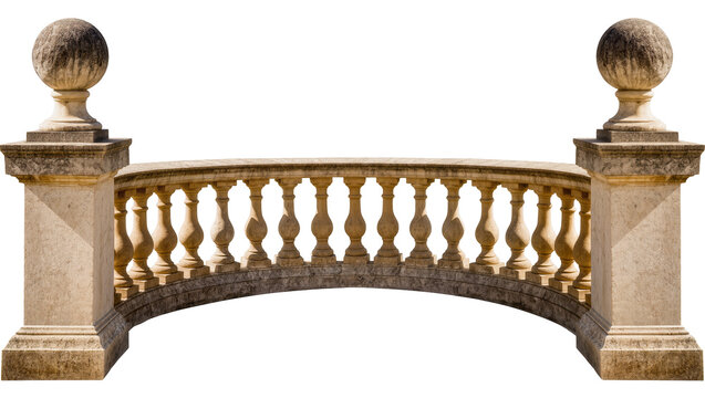 Curved stone balustrade with urn finials, isolated on transparent background