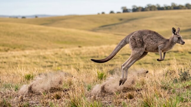 A wild grey kangaroo jumping across the dry brown australian outback landscape
