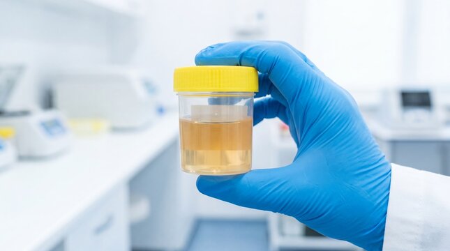 Gloved laboratory technician holding a urine sample container. Clinical diagnostics, medical testing, specimen analysis and healthcare research concept with copy space.