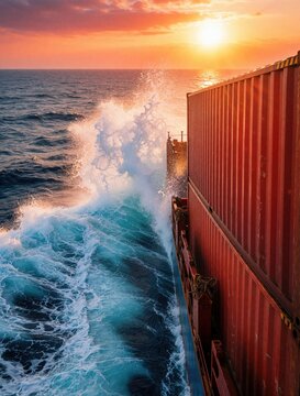 Large red shipping container on cargo ship moves through rough ocean waves. Vessel splashes water at sunset during maritime transport. Global trade, logistics industry move goods across sea via