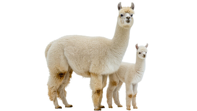 Mother and baby alpaca standing together, isolated on transparent background