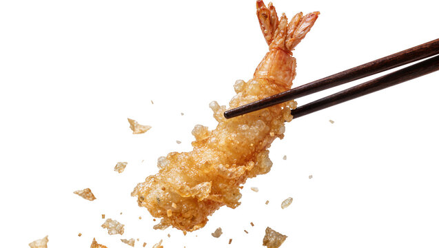 Crispy golden fried shrimp tempura held by dark chopsticks, isolated on transparent background