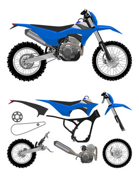 Blue dirt bike motorcycle vector illustration with disassembled spare parts pack