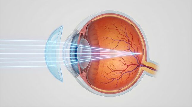 Scientific Illustration of a Contact Lens Correcting Human Vision by Focusing Light on the Retina