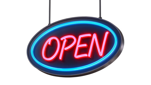 Oval neon OPEN sign with blue and pink lights, isolated on transparent background