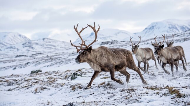 Group of wild reindeer walking across the snowy arctic tundra in a cold winter landscape