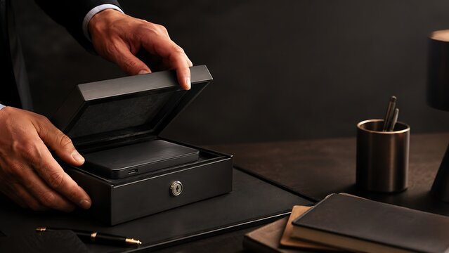 Man opening luxury black box with internal hard drive