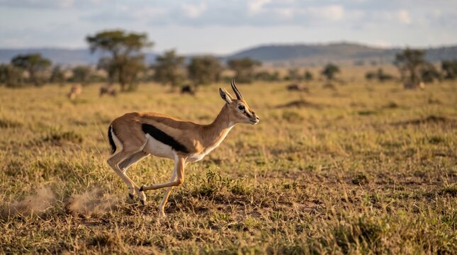 A thomson gazelle running fast through the dry african savanna grass during the day