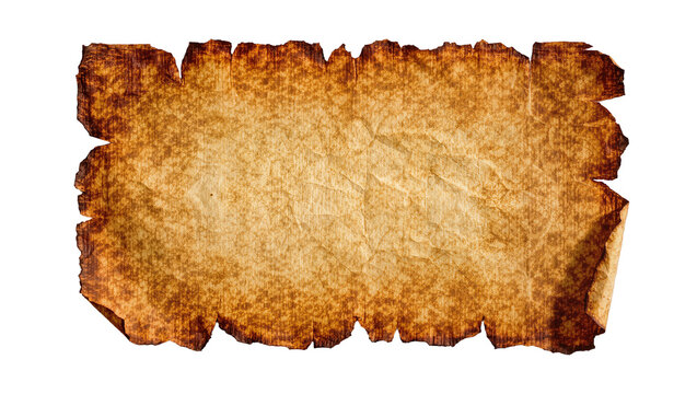 Aged burnt parchment scroll with torn edges, isolated on transparent background
