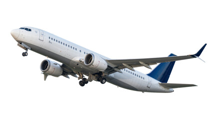 White passenger jet airplane with blue tail, taking off isolated on transparent background © Maria