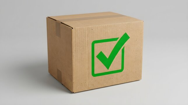 Cardboard box with green checkmark symbol for delivery success and quality control verification