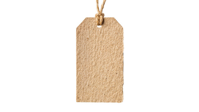 Blank kraft paper price tag with rough edges hanging by twine, isolated on transparent background