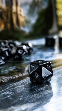 Black twenty-sided dice resting on a fantasy-themed tabletop game board with blurred background elements for immersive role-playing experience