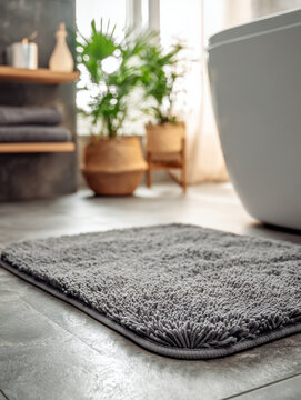 Soft gray textured bath mat placed on tiled floor in modern bathroom with natural light and green plants in woven pots in the background