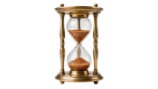 Antique brass hourglass with flowing brown sand, isolated on transparent background