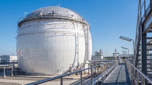 Large spherical industrial gas storage tank with pipeline and metal walkway at energy plant. Liquefied natural gas infrastructure and chemical industry innovation concept