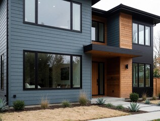 Fototapeta premium Contemporary two story house facade. Modern home uses blue gray wood siding, large windows, minimalist landscaping. Two level dwelling features clean lines, natural wood accents, and sleek design.