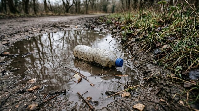 Discarded plastic water bottle lies in muddy rainwater puddle on dirt forest path illustrating environmental pollution and waste disposal issues in natural park.